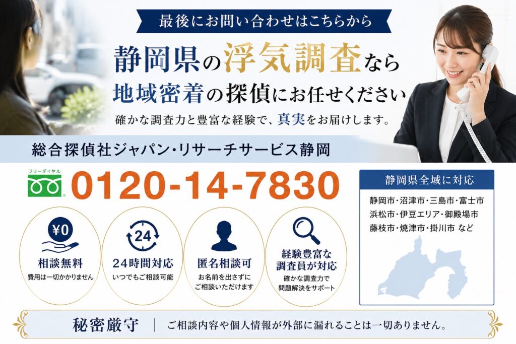 静岡県で浮気調査を行う総合探偵社ジャパン・リサーチサービス静岡の相談案内画像