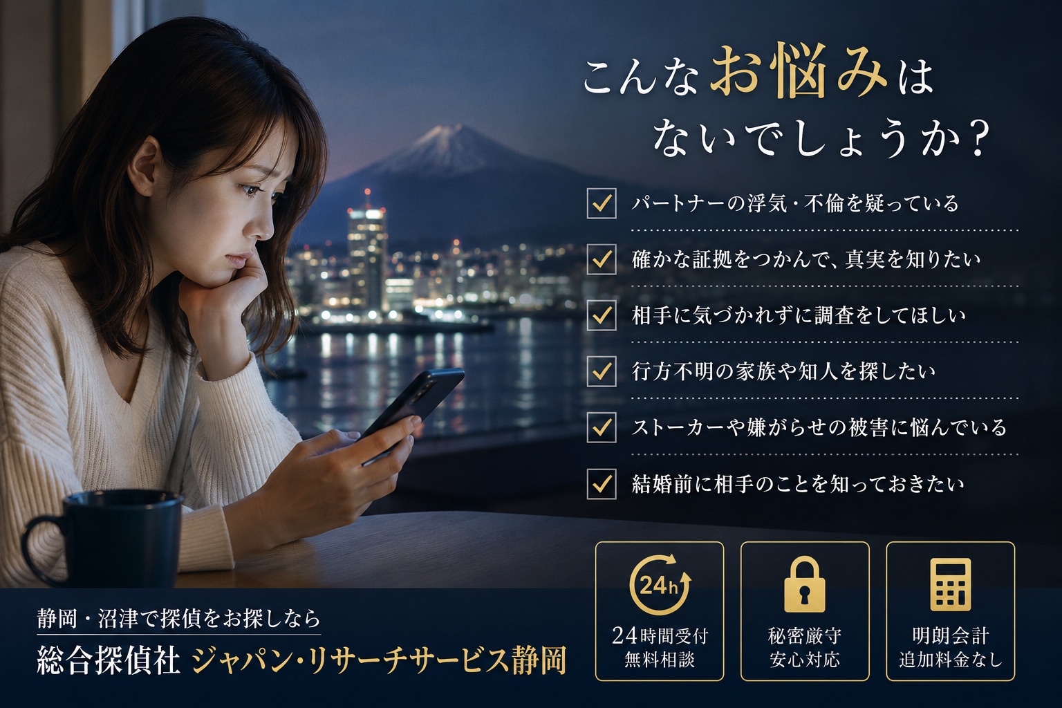静岡・沼津で浮気調査や不倫調査の悩みを抱える女性イメージ