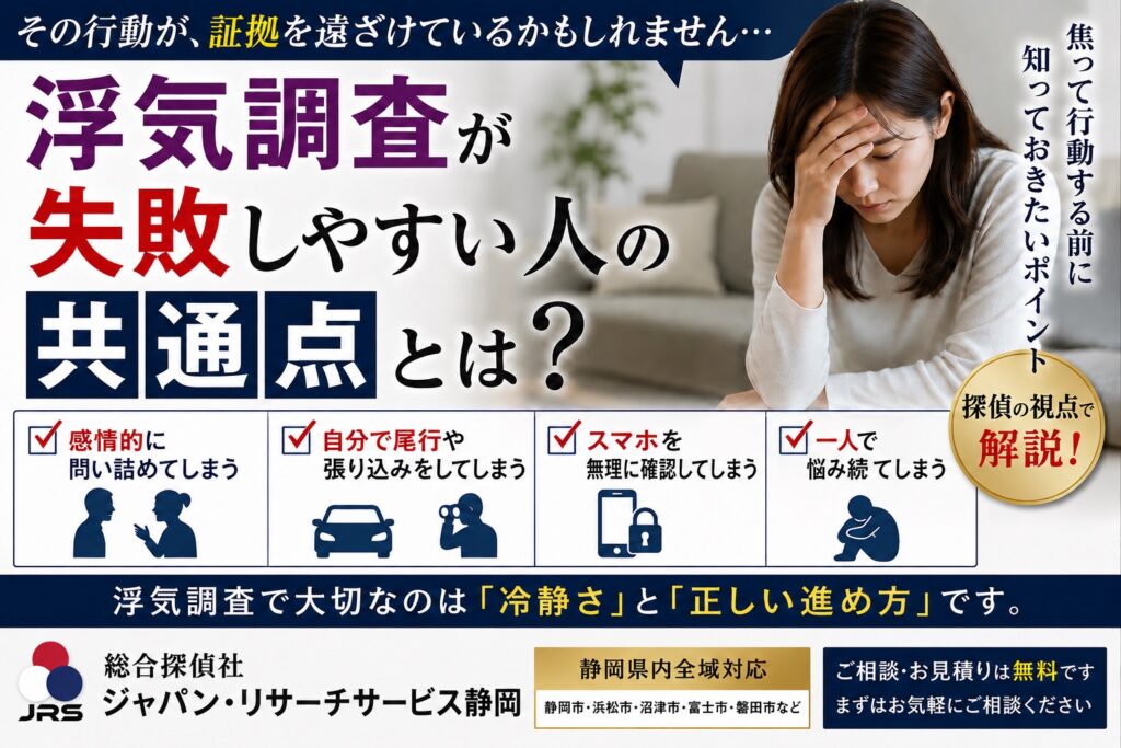 浮気調査が失敗しやすい人の共通点を解説する総合探偵社ジャパン・リサーチサービス静岡の探偵日記画像