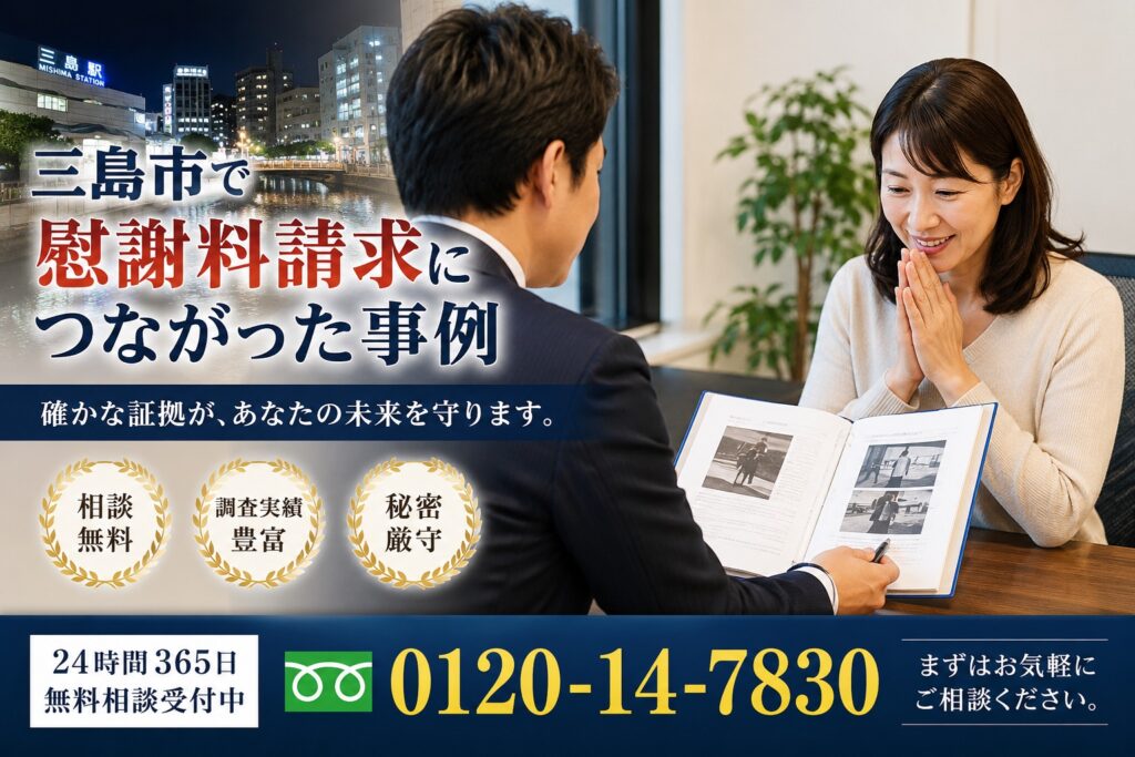 三島市での浮気調査で証拠を収集し慰謝料請求につながった実際の調査事例
