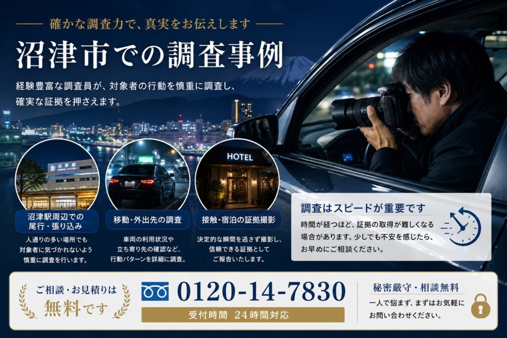 沼津市での浮気調査事例として尾行や張り込みによる証拠収集をイメージした画像
