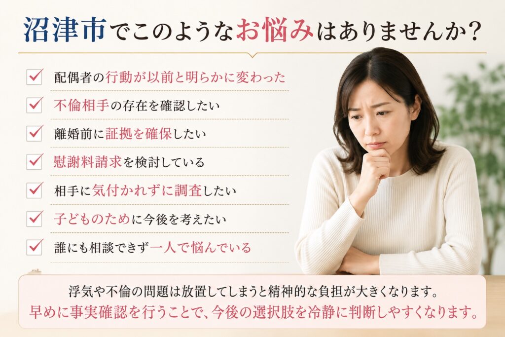 沼津市で浮気調査や不倫調査を検討している女性の悩みをイメージした相談案内画像