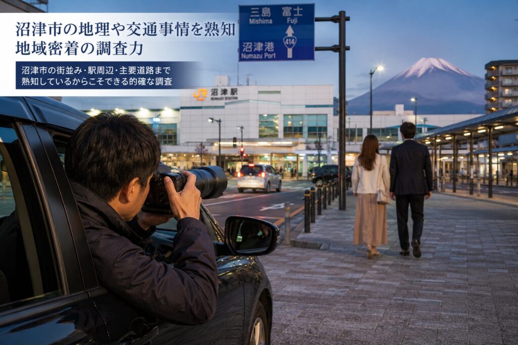 沼津市で浮気調査を行う探偵が地域密着の調査力を活かして証拠収集を行うイメージ