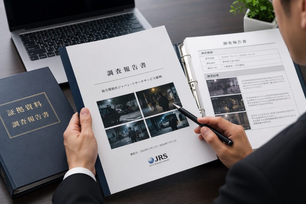 沼津市での浮気調査において裁判や慰謝料請求に活用できる高精度な調査報告書のイメージ