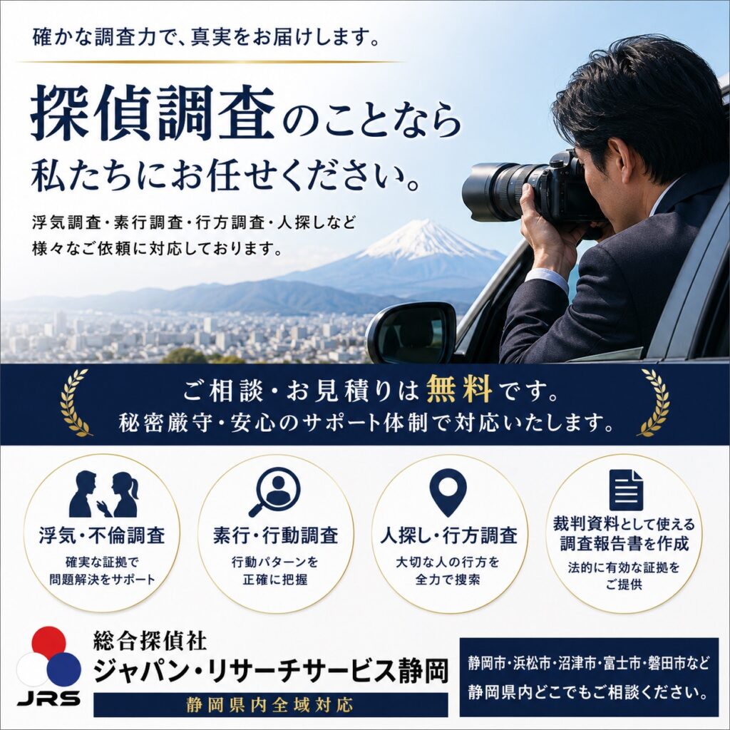 静岡市で浮気調査・不倫調査・行方調査などをご検討中の方へ。総合探偵社ジャパン・リサーチサービス神奈川が確かな調査力で証拠収集をサポートします。