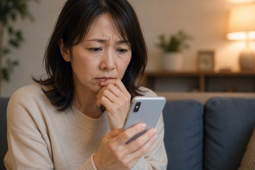 浮気を疑いスマートフォンを確認しながら悩む４０代女性のイメージ