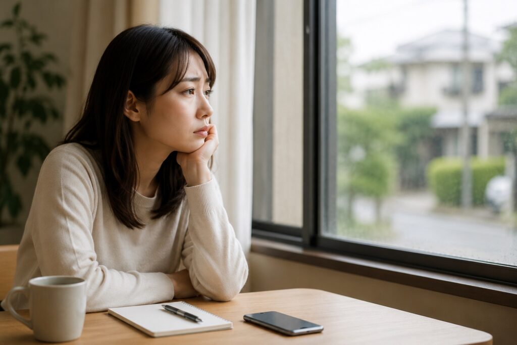 浮気調査を依頼するタイミングに悩み、窓の外を見ながら考え込む人物のイメージ